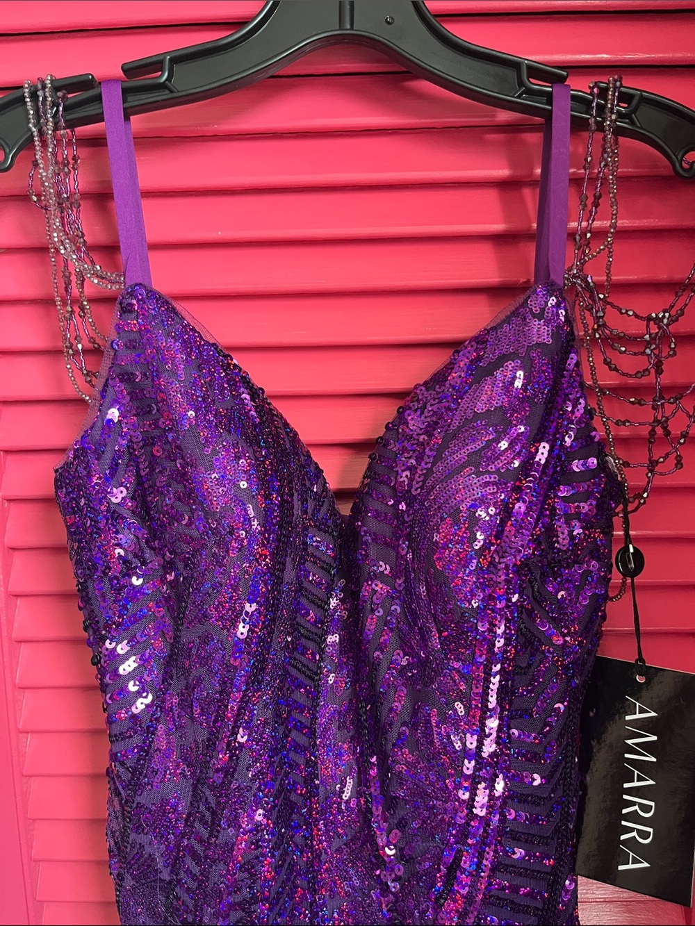 Amarra Purple Sequin Spaghetti-Strap Prom Dress